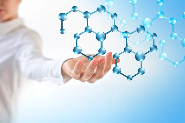 Moléculas en la mano, Extracción médica molecular en la mano. Fondo abstracto de moléculas y átomos. Médico, químico, fondo 3d completo — Foto de Stock