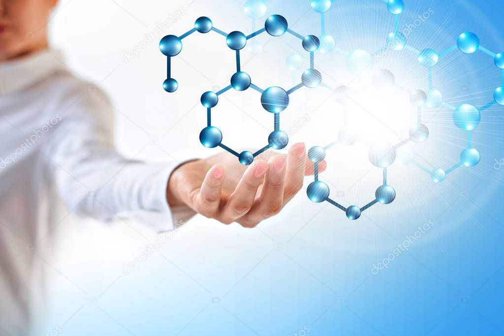 Molecules in the hand, Molecular medical abstraction in the hand. Molecule and atoms abstract background. Medical, chemical, full 3d background