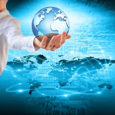 Dünya'dan eller, uzayda küre küresel iş kavramları serisi en iyi Internet kavramı elinde. 3D çizim.