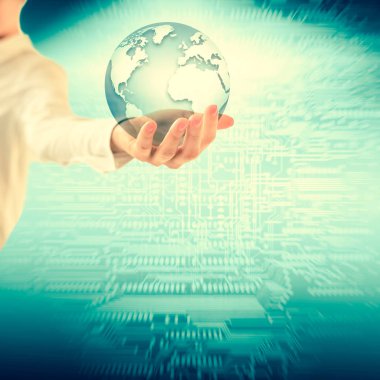 Dünya'dan eller, uzayda küre küresel iş kavramları serisi en iyi Internet kavramı elinde. Nasa tarafından döşenmiş bu görüntü unsurları. 3D çizim.