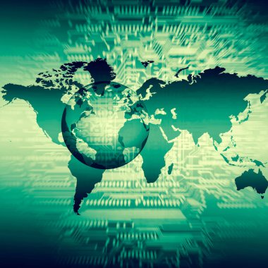 Dünya Haritası üzerinde teknolojik bir arka plan, parlak çizgiler semboller Internet, radyo, televizyon, telefon ve uydu iletişim.