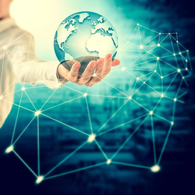 Dünya'dan eller, uzayda küre küresel iş kavramları serisi en iyi Internet kavramı elinde. Nasa tarafından döşenmiş bu görüntü unsurları. 3D çizim.