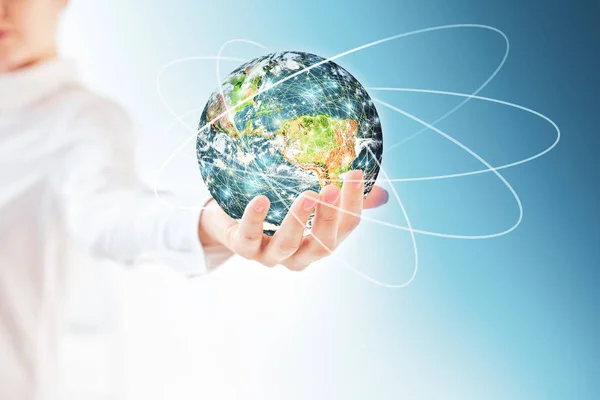 Earth from Space in hands, globe in hands Best Internet Concept of global business from concepts series. Elements of this image furnished by NASA. 3D illustration. — Stock Photo, Image