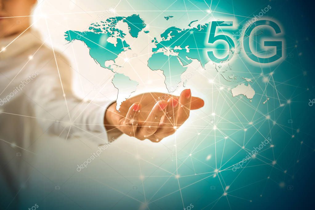5G k Internet mobile wireless concept. Map from hands. Best Internet Concept of global business from concepts series. Symbol of travel, internet, technology and communication