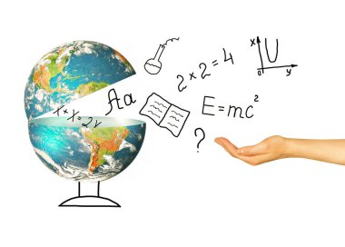 Küre ve sembolleri okul. Eğitim kavramı. Resimde 3d eğitim kavramı. Formülleri, çizimler ve el harflerin. Geri okul kavramı. Nasa tarafından döşenmiş bu görüntü unsurları