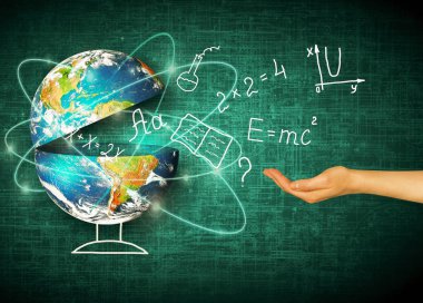 Küre ve sembolleri okul. Eğitim kavramı. Resimde 3d eğitim kavramı. Formülleri, çizimler ve el harflerin. Geri okul kavramı. Nasa tarafından döşenmiş bu görüntü unsurları