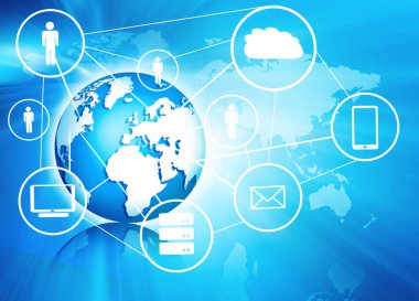 Global iş dünyasının en iyi internet kavramı. Küre, teknolojik arka planda parlayan çizgiler. Wi-Fi, ışınlar, semboller İnternet, 3 boyutlu illüstrasyon