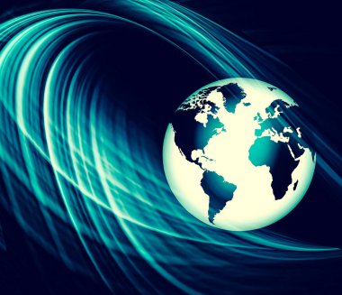 Global iş dünyasının en iyi internet kavramı. Küre, teknolojik arka planda parlayan çizgiler. Wi-Fi, ışınlar, semboller İnternet, 3 boyutlu illüstrasyon