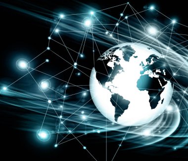 Global iş dünyasının en iyi internet kavramı. Küre, teknolojik arka planda parlayan çizgiler. Wi-Fi, ışınlar, semboller İnternet, 3 boyutlu illüstrasyon