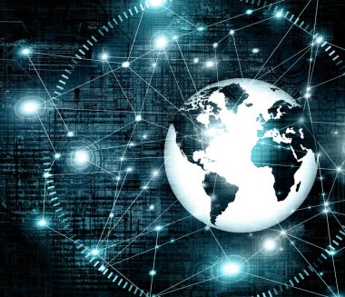 Global iş dünyasının en iyi internet kavramı. Küre, teknolojik arka planda parlayan çizgiler. Wi-Fi, ışınlar, semboller İnternet, 3 boyutlu illüstrasyon