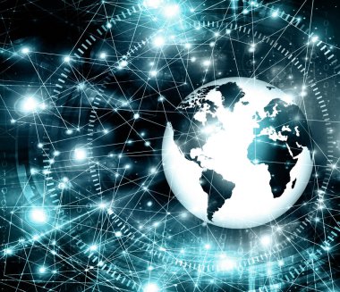 Global iş dünyasının en iyi internet kavramı. Küre, teknolojik arka planda parlayan çizgiler. Wi-Fi, ışınlar, semboller İnternet, 3 boyutlu illüstrasyon