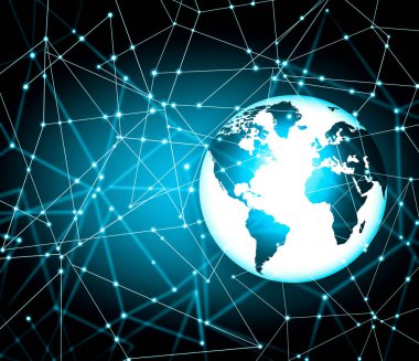 Global iş dünyasının en iyi internet kavramı. Küre, teknolojik arka planda parlayan çizgiler. Wi-Fi, ışınlar, semboller İnternet, 3 boyutlu illüstrasyon