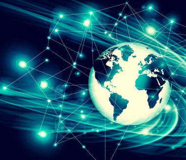 Global iş dünyasının en iyi internet kavramı. Küre, teknolojik arka planda parlayan çizgiler. Wi-Fi, ışınlar, semboller İnternet, 3 boyutlu illüstrasyon