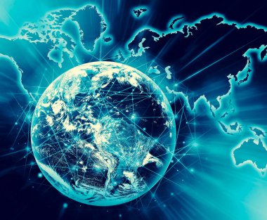 Dünyadan Uzaya. Kavram serisinden küresel iş dünyasının en iyi internet kavramı. Bu görüntünün elementleri NASA tarafından döşenmiştir. 3B illüstrasyon