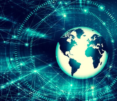 Global iş dünyasının en iyi internet kavramı. Küre, teknolojik arka planda parlayan çizgiler. Wi-Fi, ışınlar, semboller İnternet, 3 boyutlu illüstrasyon