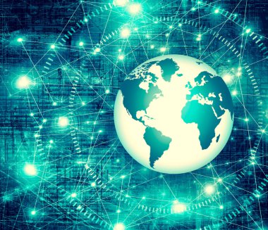 Global iş dünyasının en iyi internet kavramı. Küre, teknolojik arka planda parlayan çizgiler. Wi-Fi, ışınlar, semboller İnternet, 3 boyutlu illüstrasyon