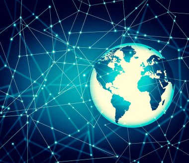 Global iş dünyasının en iyi internet kavramı. Küre, teknolojik arka planda parlayan çizgiler. Wi-Fi, ışınlar, semboller İnternet, 3 boyutlu illüstrasyon