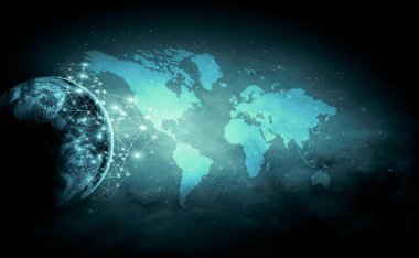 Dünyadan Uzaya. Kavram serisinden küresel iş dünyasının en iyi internet kavramı. Bu görüntünün elementleri NASA tarafından döşenmiştir. 3B illüstrasyon