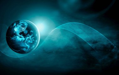 Dünyadan Uzaya. Kavram serisinden küresel iş dünyasının en iyi internet kavramı. Bu görüntünün elementleri NASA tarafından döşenmiştir. 3B illüstrasyon