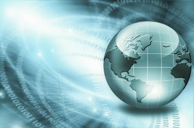 Global iş dünyasının en iyi internet kavramı. Küre, teknolojik arka planda parlayan çizgiler. Wi-Fi, ışınlar, semboller İnternet, 3 boyutlu illüstrasyon