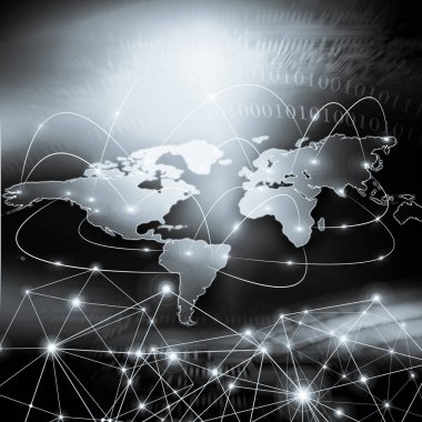 Dünya Haritası üzerinde teknolojik bir arka plan, parlak çizgiler semboller Internet, radyo, televizyon, telefon ve uydu iletişim.