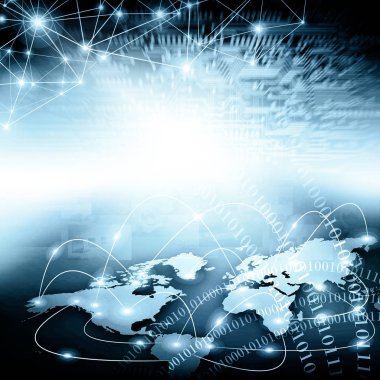 Dünya Haritası üzerinde teknolojik bir arka plan, parlak çizgiler semboller Internet, radyo, televizyon, telefon ve uydu iletişim.