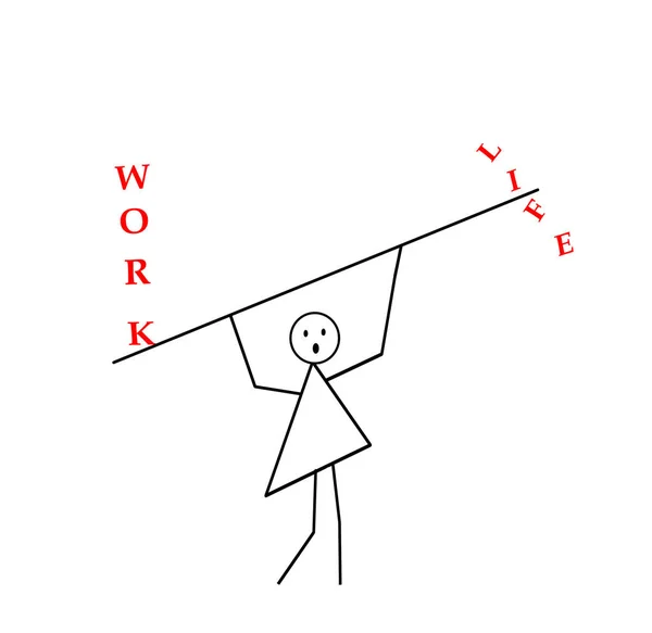 Kvinna med höjde armarna bär en pinne, bar och inskriptionen arbete och liv, en primitiv mönster i en svart penna på en vit bakgrund. Symboliska teckning, en symbol för balans mellan arbete, hem — Stockfoto