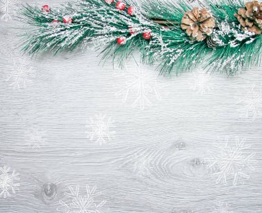 Noel ve yeni yıl kompozisyon. Ahşap beyaz arka plan, üstten görünüm çam, Ladin koniler dallarda