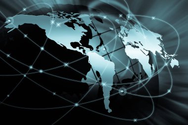 Dünya Haritası üzerinde teknolojik bir arka plan, parlak çizgiler semboller Internet, radyo, televizyon, telefon ve uydu iletişim.