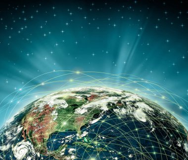 Dünyadan Uzaya. Kavram serisinden küresel iş dünyasının en iyi internet kavramı. Bu görüntünün elementleri NASA tarafından döşenmiştir. 3B illüstrasyon