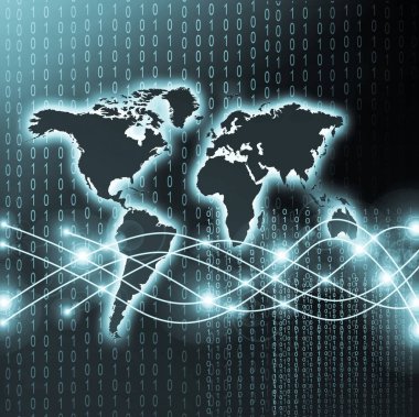 Dünya Haritası üzerinde teknolojik bir arka plan, parlak çizgiler semboller Internet, radyo, televizyon, telefon ve uydu iletişim.