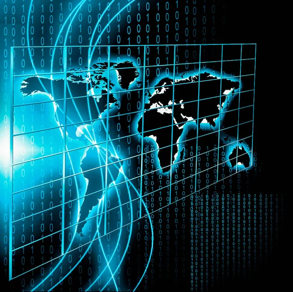 Mapa do mundo sobre um fundo tecnológico, linhas brilhantes símbolos da Internet, rádio, televisão, comunicações móveis e por satélite . — Fotografia de Stock