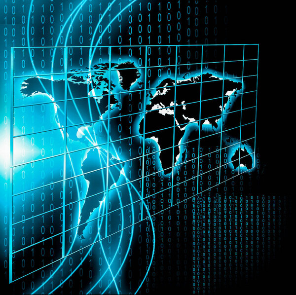 Карта мира на технологическом фоне, светящиеся линии символов Интернета, радио, телевидения, мобильной и спутниковой связи
.