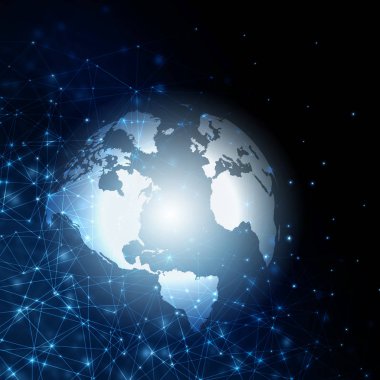 Global iş dünyasının en iyi internet kavramı. Küre, teknolojik arka planda parlayan çizgiler. Wi-Fi, ışınlar, semboller İnternet, 3 boyutlu illüstrasyon