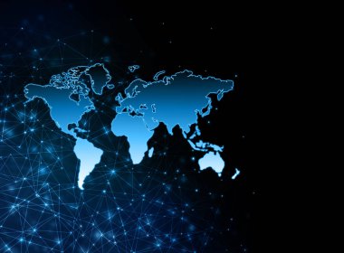 Dünya Haritası üzerinde teknolojik bir arka plan, parlak çizgiler semboller Internet, radyo, televizyon, telefon ve uydu iletişim.