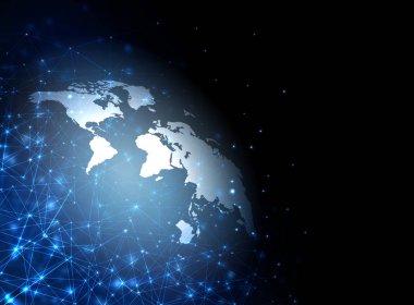 Dünya Haritası üzerinde teknolojik bir arka plan, parlak çizgiler semboller Internet, radyo, televizyon, telefon ve uydu iletişim.