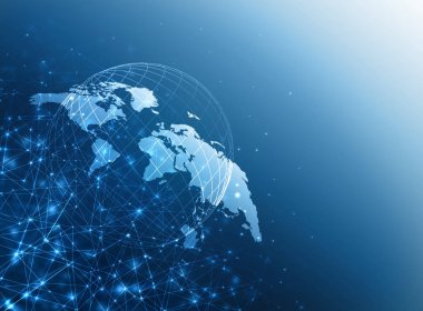 Dünya Haritası üzerinde teknolojik bir arka plan, parlak çizgiler semboller Internet, radyo, televizyon, telefon ve uydu iletişim.