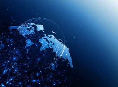 Dünya Haritası üzerinde teknolojik bir arka plan, parlak çizgiler semboller Internet, radyo, televizyon, telefon ve uydu iletişim.
