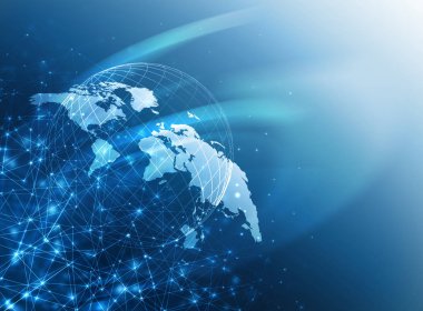 Dünya Haritası üzerinde teknolojik bir arka plan, parlak çizgiler semboller Internet, radyo, televizyon, telefon ve uydu iletişim.