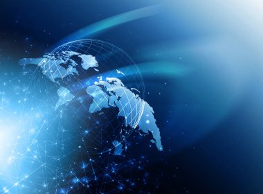 Dünya Haritası üzerinde teknolojik bir arka plan, parlak çizgiler semboller Internet, radyo, televizyon, telefon ve uydu iletişim.