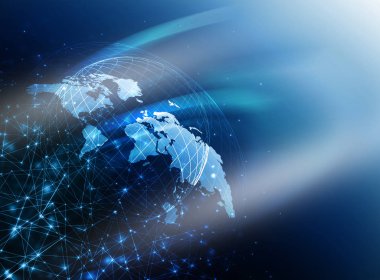 Dünya Haritası üzerinde teknolojik bir arka plan, parlak çizgiler semboller Internet, radyo, televizyon, telefon ve uydu iletişim.