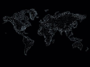 Dünya Haritası üzerinde teknolojik bir arka plan, parlak çizgiler semboller Internet, radyo, televizyon, telefon ve uydu iletişim.