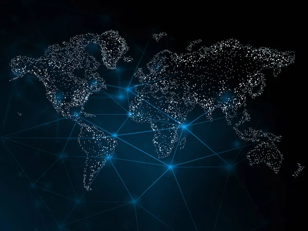 Dünya Haritası üzerinde teknolojik bir arka plan, parlak çizgiler semboller Internet, radyo, televizyon, telefon ve uydu iletişim.
