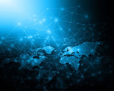 Dünya Haritası üzerinde teknolojik bir arka plan, parlak çizgiler semboller Internet, radyo, televizyon, telefon ve uydu iletişim.