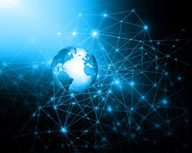 Global iş dünyasının en iyi internet kavramı. Küre, teknolojik arka planda parlayan çizgiler. Wi-Fi, ışınlar, semboller İnternet, 3 boyutlu illüstrasyon