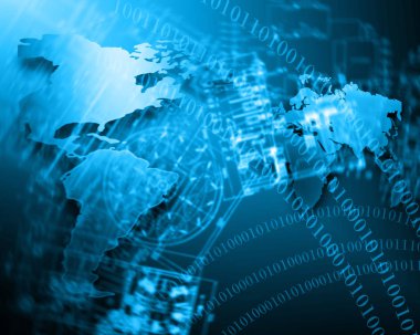 Dünya Haritası üzerinde teknolojik bir arka plan, parlak çizgiler semboller Internet, radyo, televizyon, telefon ve uydu iletişim.