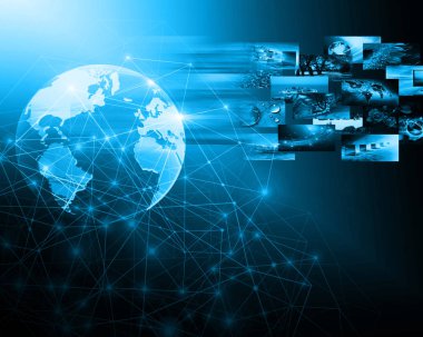 Global iş dünyasının en iyi internet kavramı. Küre, teknolojik arka planda parlayan çizgiler. Wi-Fi, ışınlar, semboller İnternet, 3 boyutlu illüstrasyon