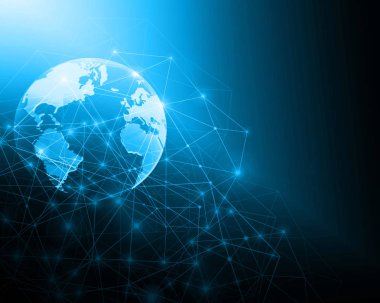 Global iş dünyasının en iyi internet kavramı. Küre, teknolojik arka planda parlayan çizgiler. Wi-Fi, ışınlar, semboller İnternet, 3 boyutlu illüstrasyon