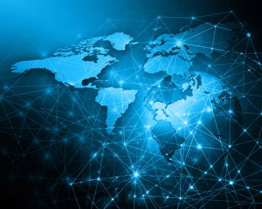 Dünya Haritası üzerinde teknolojik bir arka plan, parlak çizgiler semboller Internet, radyo, televizyon, telefon ve uydu iletişim.