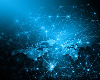 Dünya Haritası üzerinde teknolojik bir arka plan, parlak çizgiler semboller Internet, radyo, televizyon, telefon ve uydu iletişim.